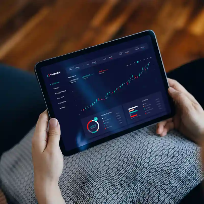 Woman looking at tablet.